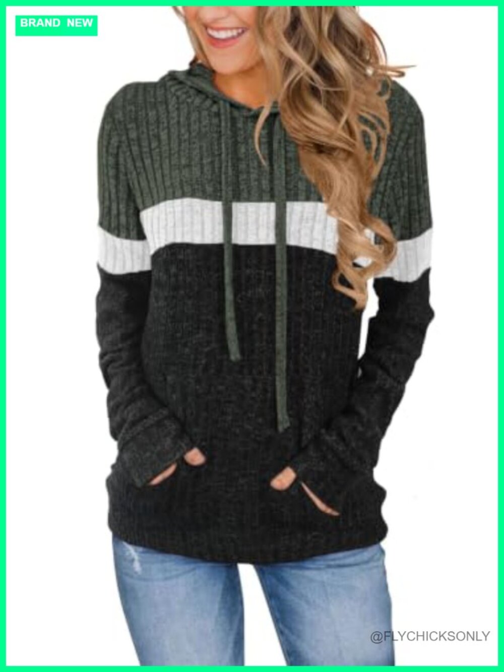 Women's Color Block Knit Hoodie Long Sleeve Pullover Sweater with Pocket